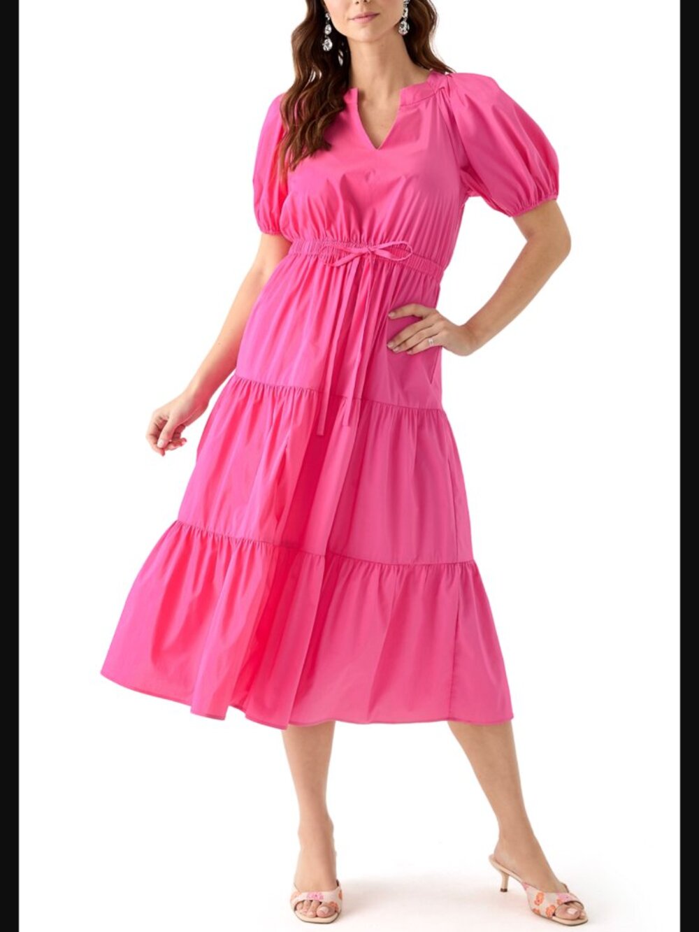 Anne Klein - Tiered Puff Sleeve Midi Dress, Size L (NWT)